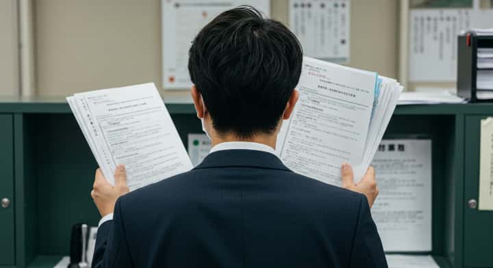 補助金申請書類の山と、困惑する人