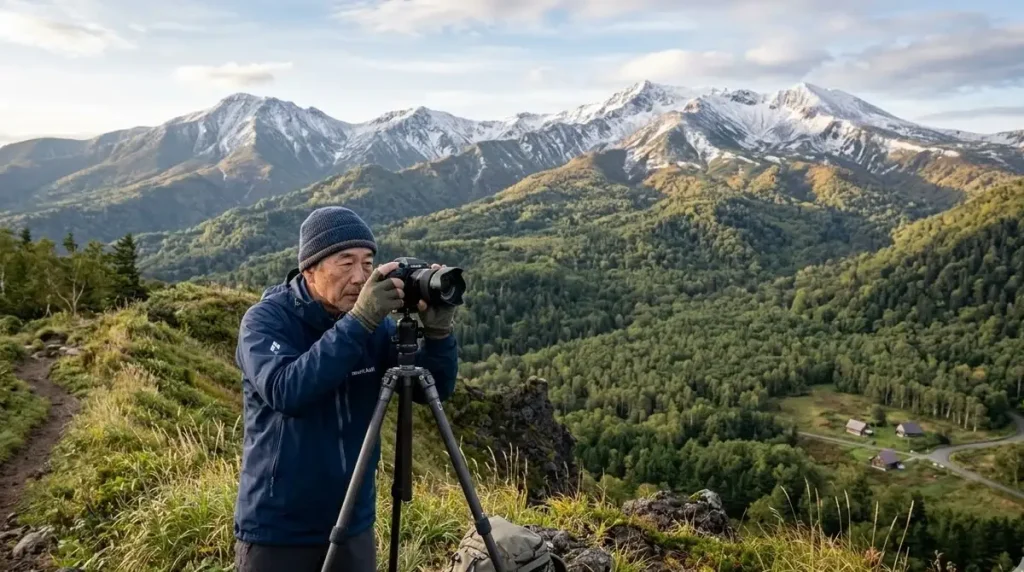 北海道 北海道 東川町の大雪山の山並みとカメラ